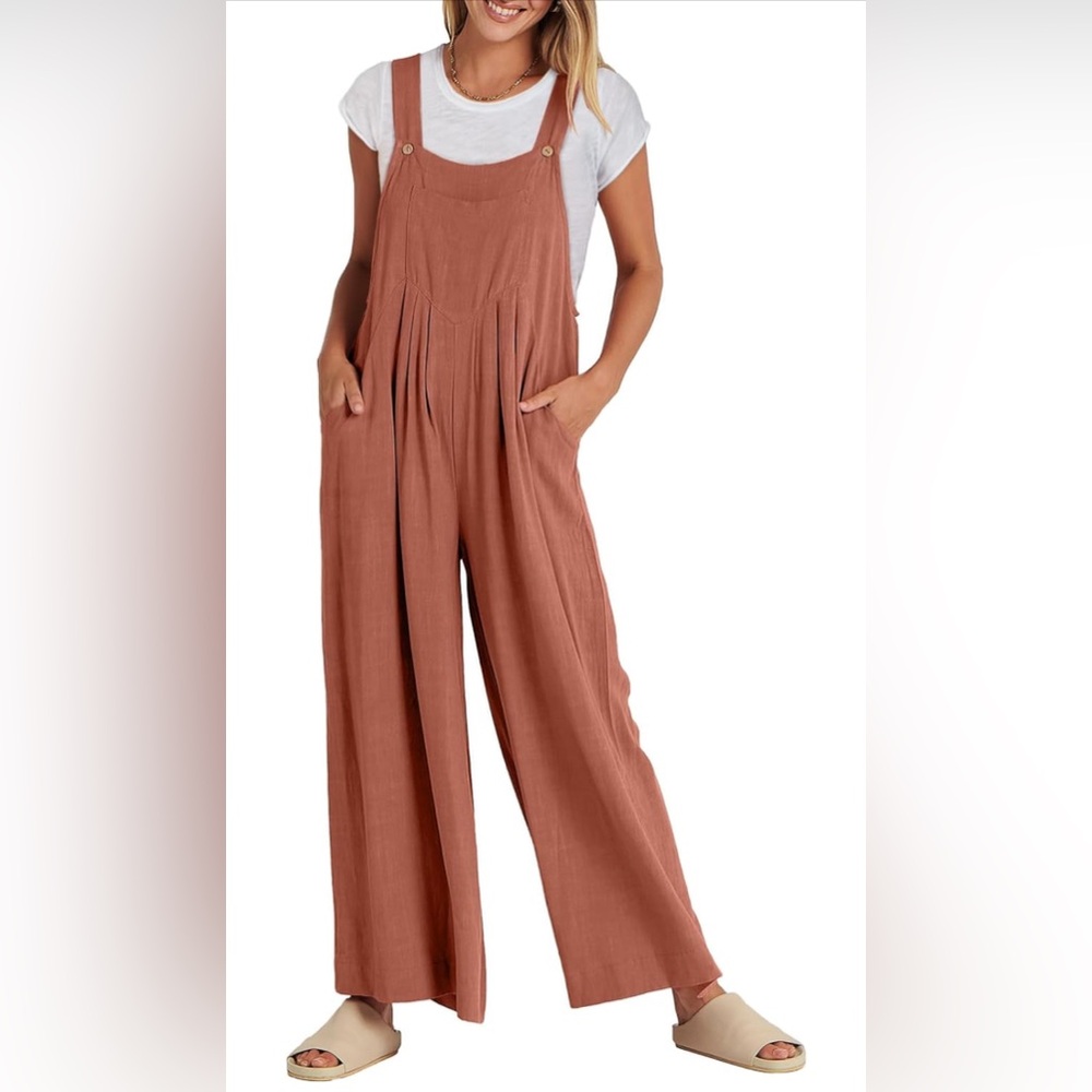 ANRABESS Women’s Overalls Linen Wide Leg Jumper, size small, “rust” color